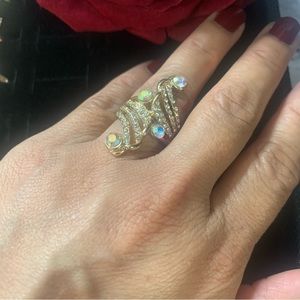 Gold Plated Double Clef Design Irregular Zircon Rhinestones Ring 7.5 size